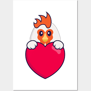 Cute chicken holding a big red heart. Posters and Art